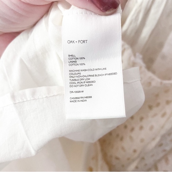 Oak Fort Eyelet Midi Dress Short Puff Sleeve Open Tie Back Gathered Front White - Picture 9 of 11